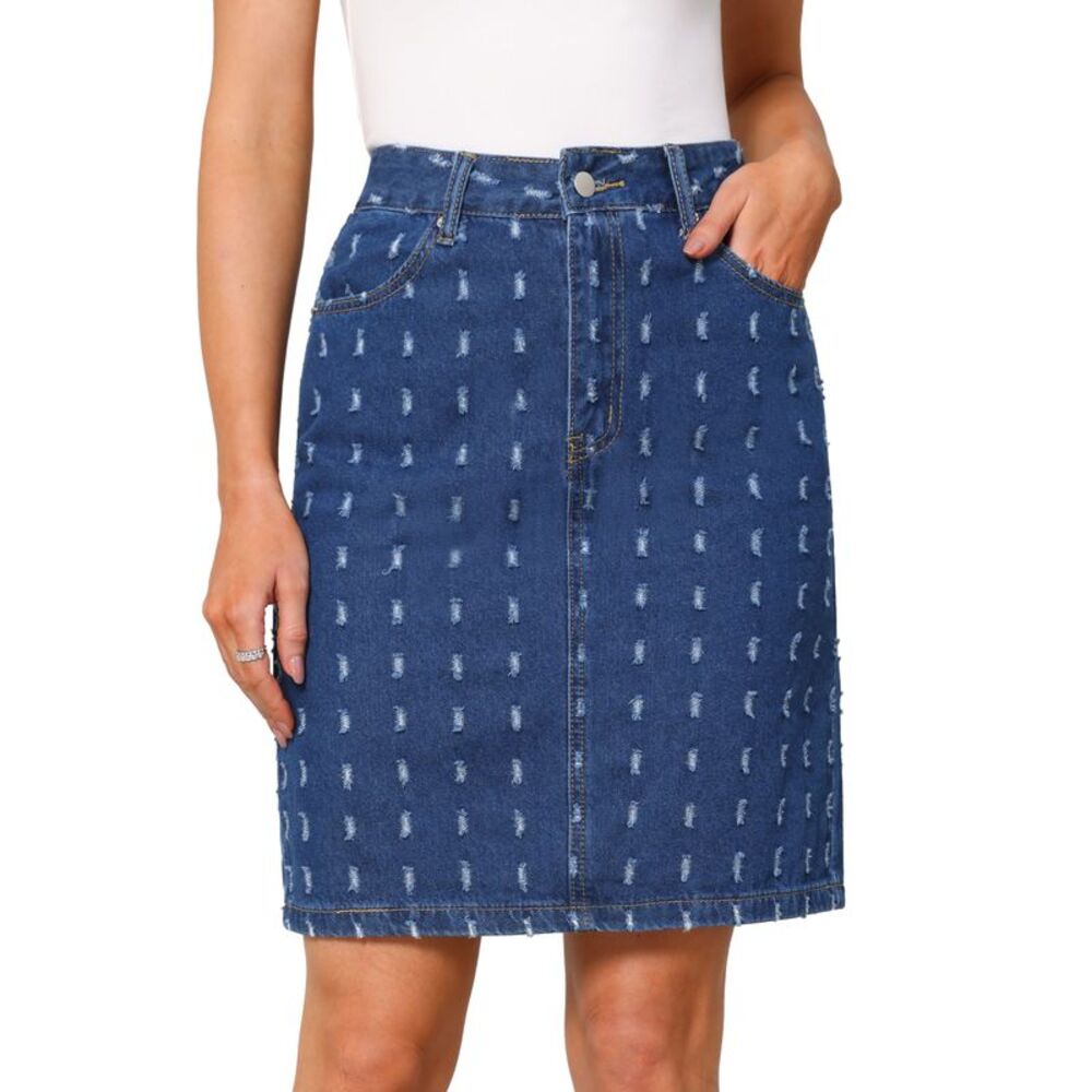 Women's Ripped Swiss Dots Denim Skirt Dark Blue